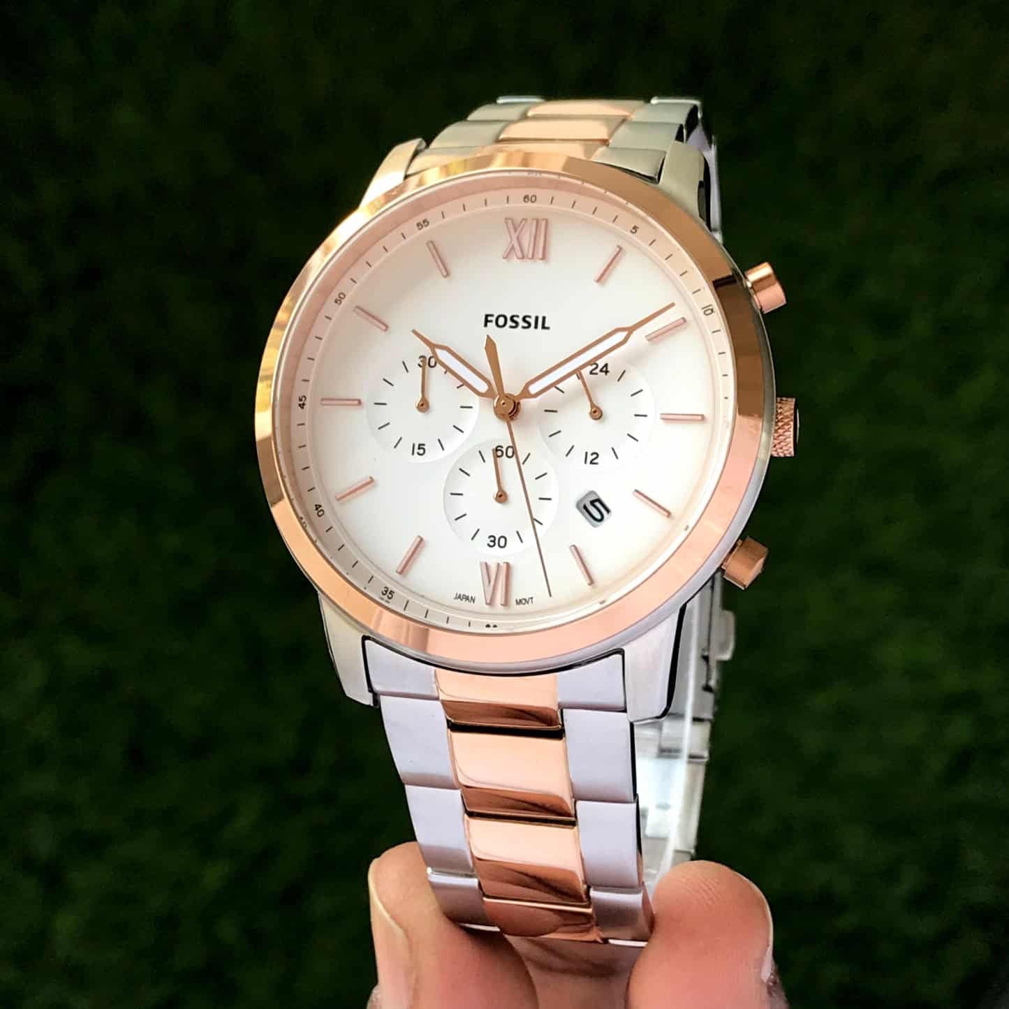 Fossil Two Tone White Dial Chronograph Mens Watch