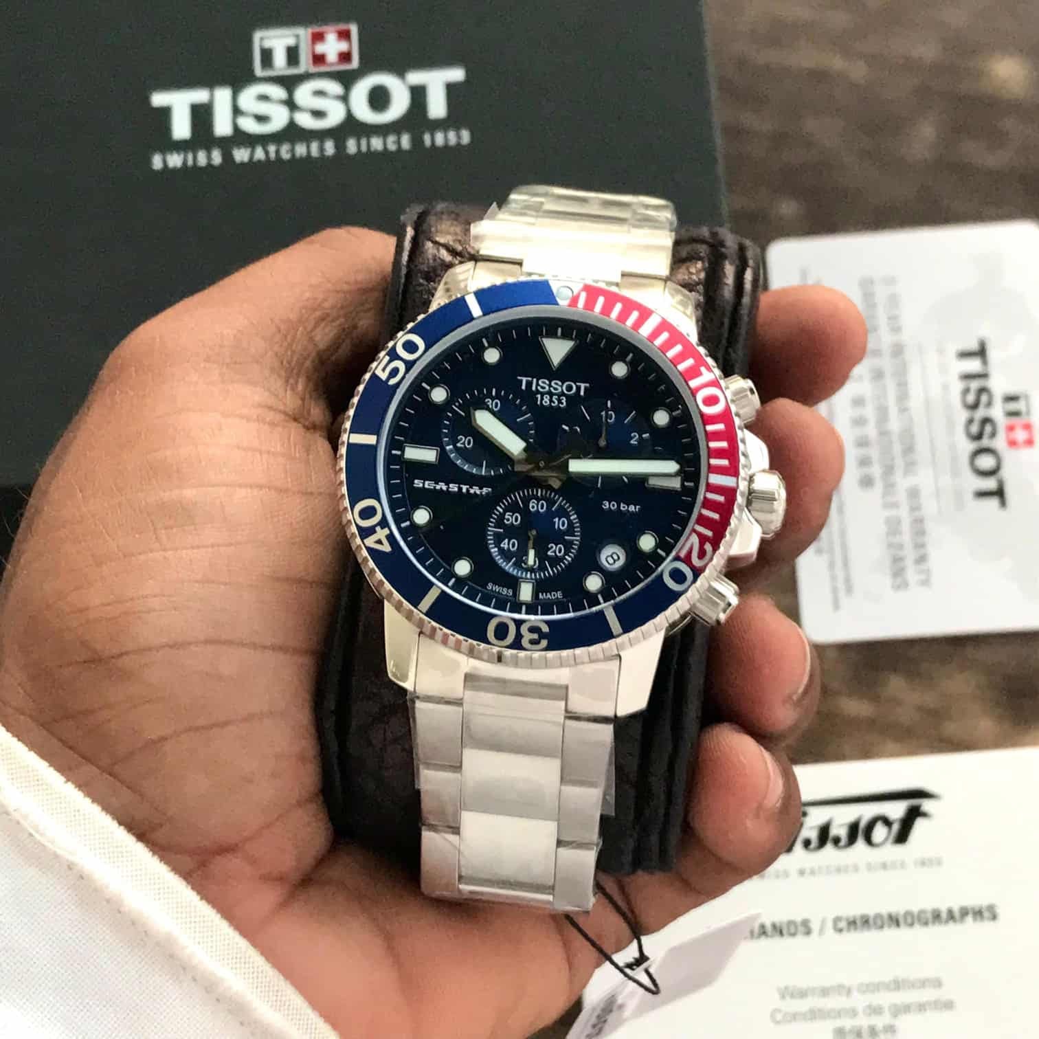 Tissot Seastar Chronograph Blue Dial Red Bazel Stainless Steel Chain Quartz Movement Men’s Watch