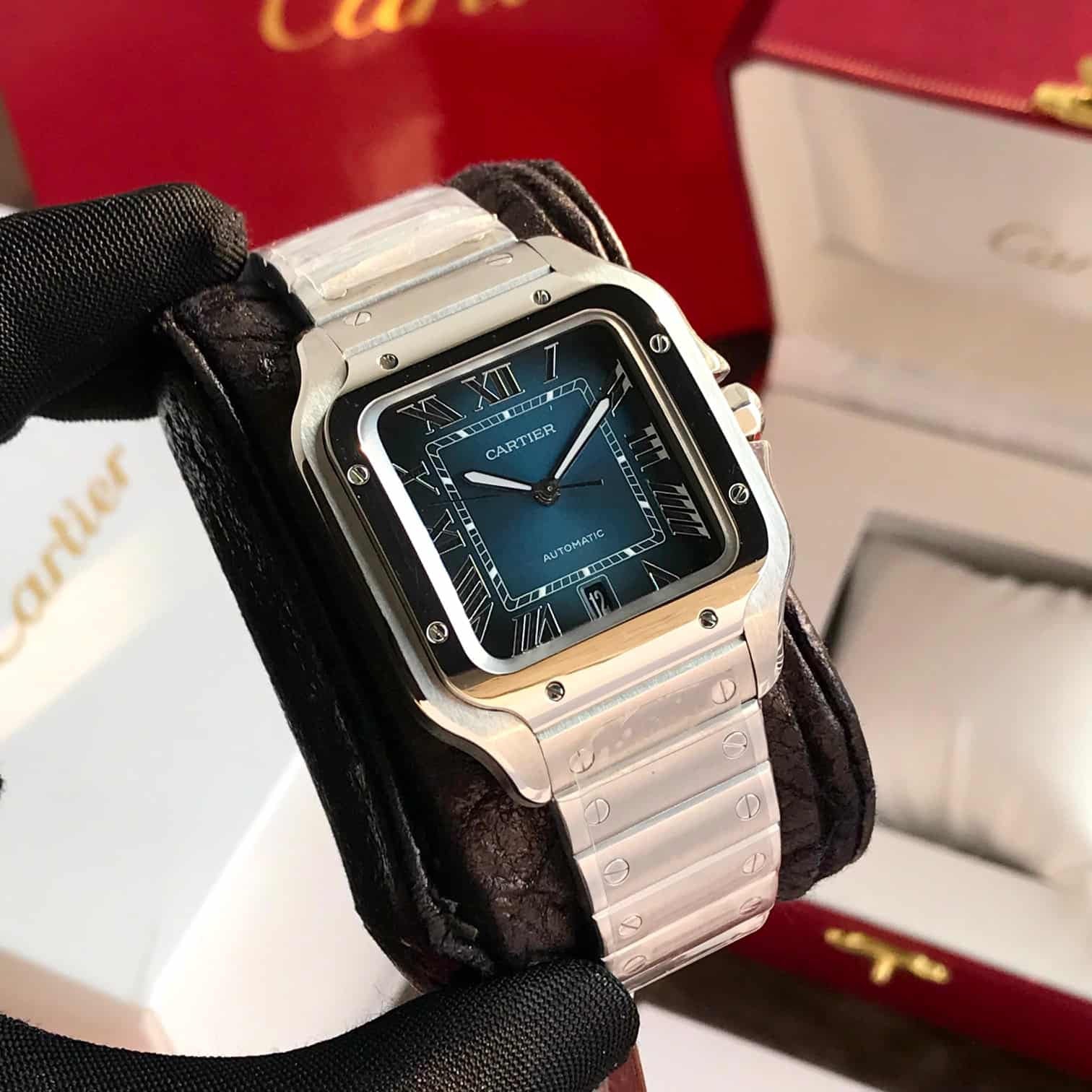 Cartier De Santos Silver Blue Swiss ETA Movement Automatic Men’s Watch