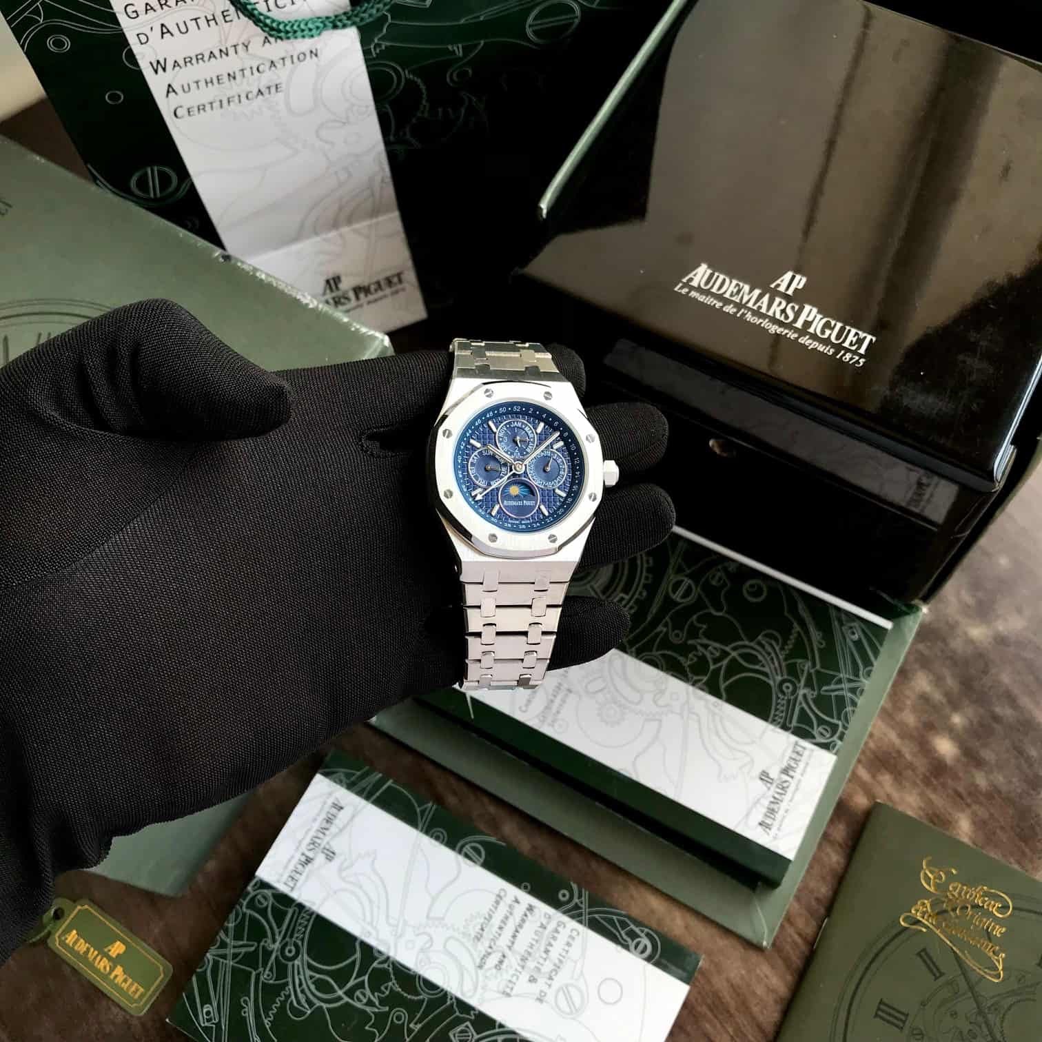 Audemars Piguet Perpetual Calendar Open Worked Silver Blue Dial Automatic Mens Watch