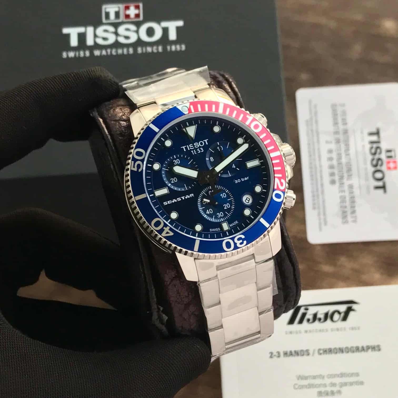 Tissot Seastar Chronograph Blue Dial Red Bazel Stainless Steel Chain Quartz Movement Men’s Watch