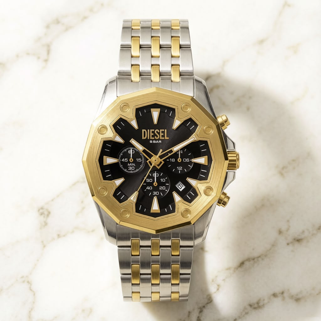 Diesel Griffed Two-Tone Stainless Steel Chronograph Watch – Matte Black Dial & Gold-Tone Bezel