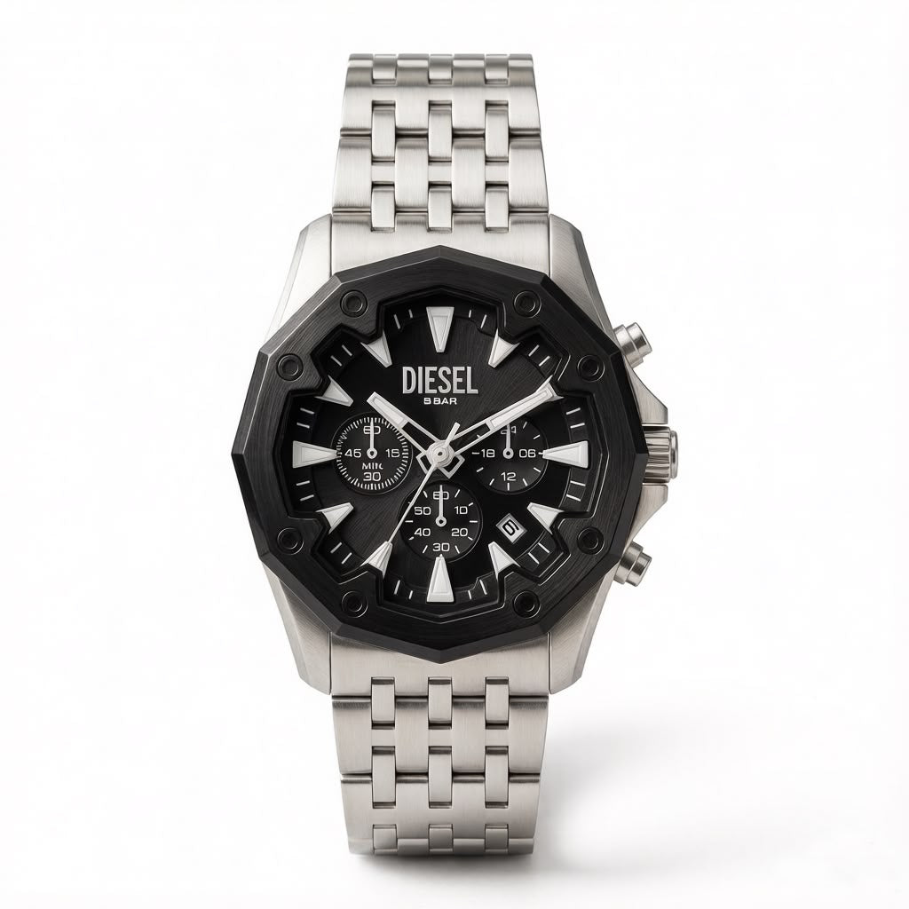 Diesel Griffed Stainless Steel Chronograph Watch – Matte Black Bezel & Dial