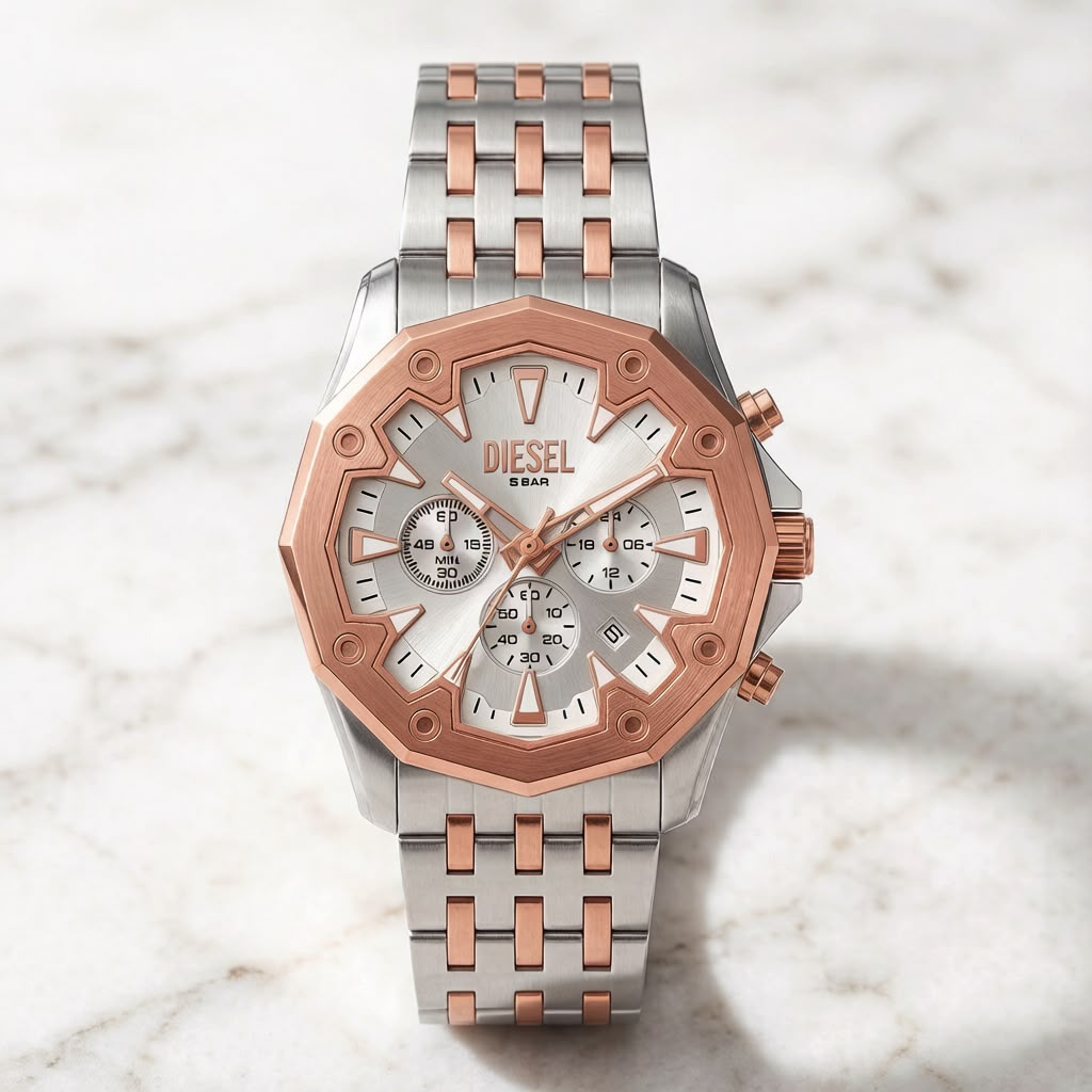 Title: Diesel Griffed Two-Tone Stainless Steel Chronograph Watch – Crisp White Dial & Rose Gold-Tone Bezel