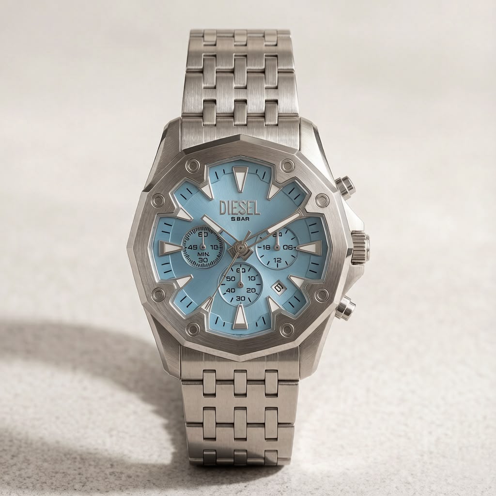 Diesel Griffed Stainless Steel Chronograph Watch – Ice Blue Dial & Brushed Silver-Tone Bezel