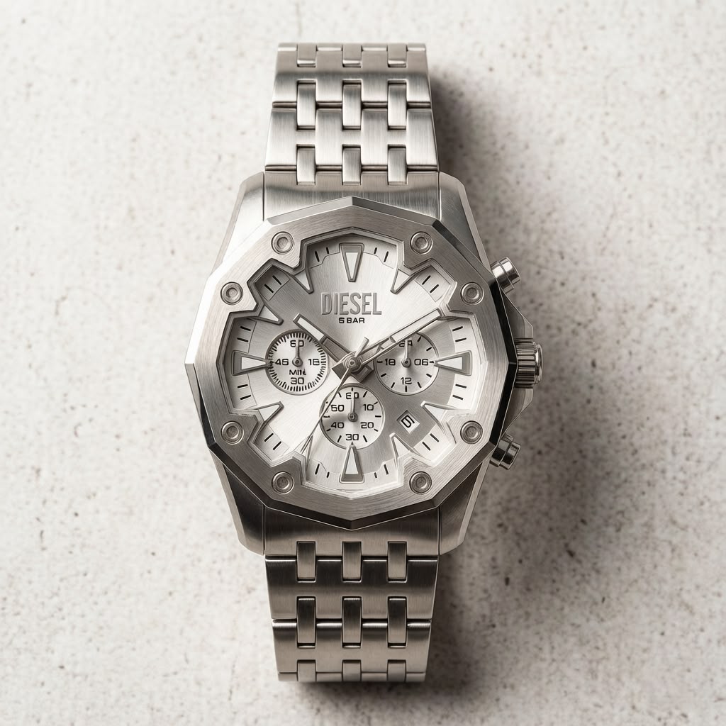 Diesel Griffed Stainless Steel Chronograph Watch – Crisp White Dial & Brushed Silver-Tone Bezel
