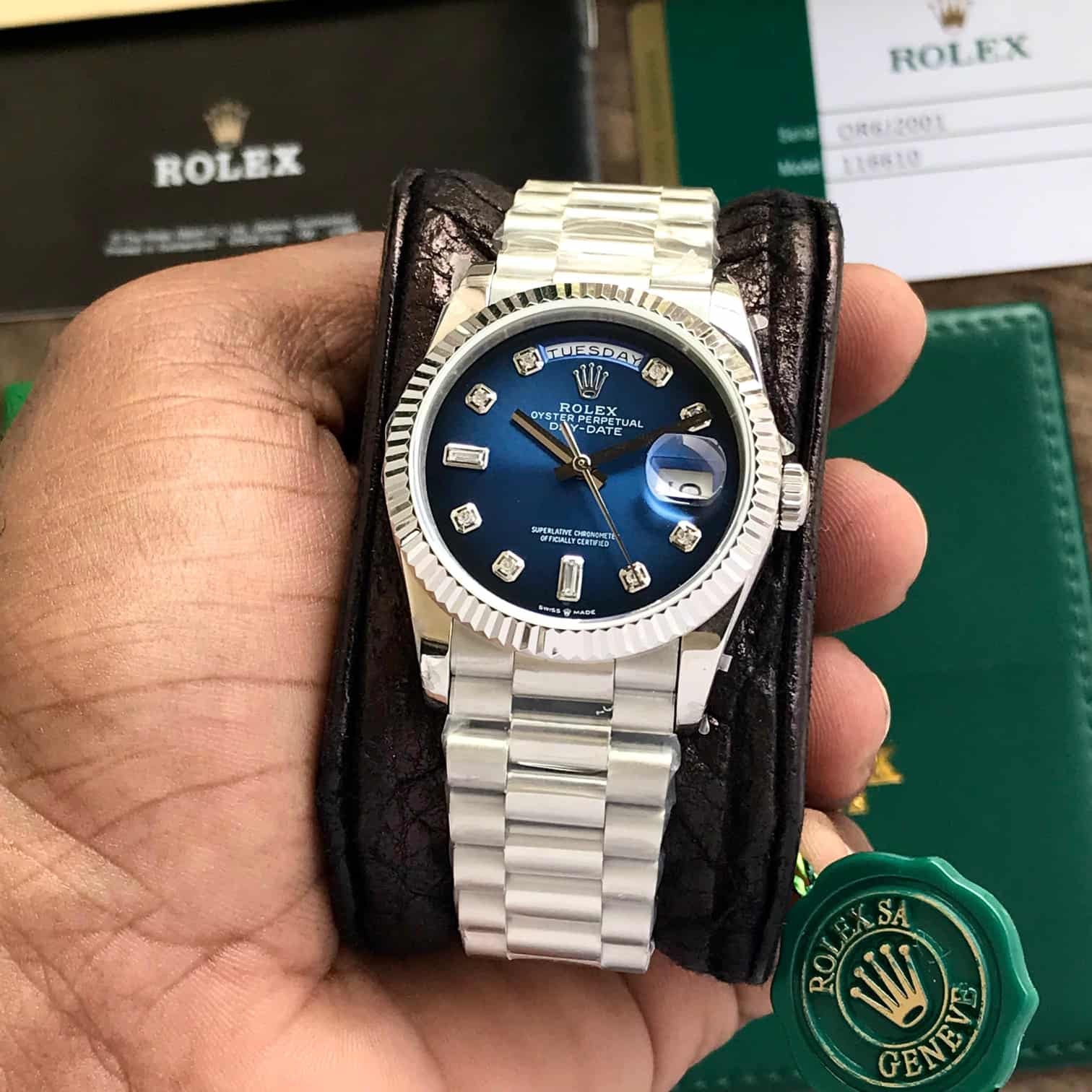 Rolex Day Date 36mm Silver Blue Swiss ETA Watch
