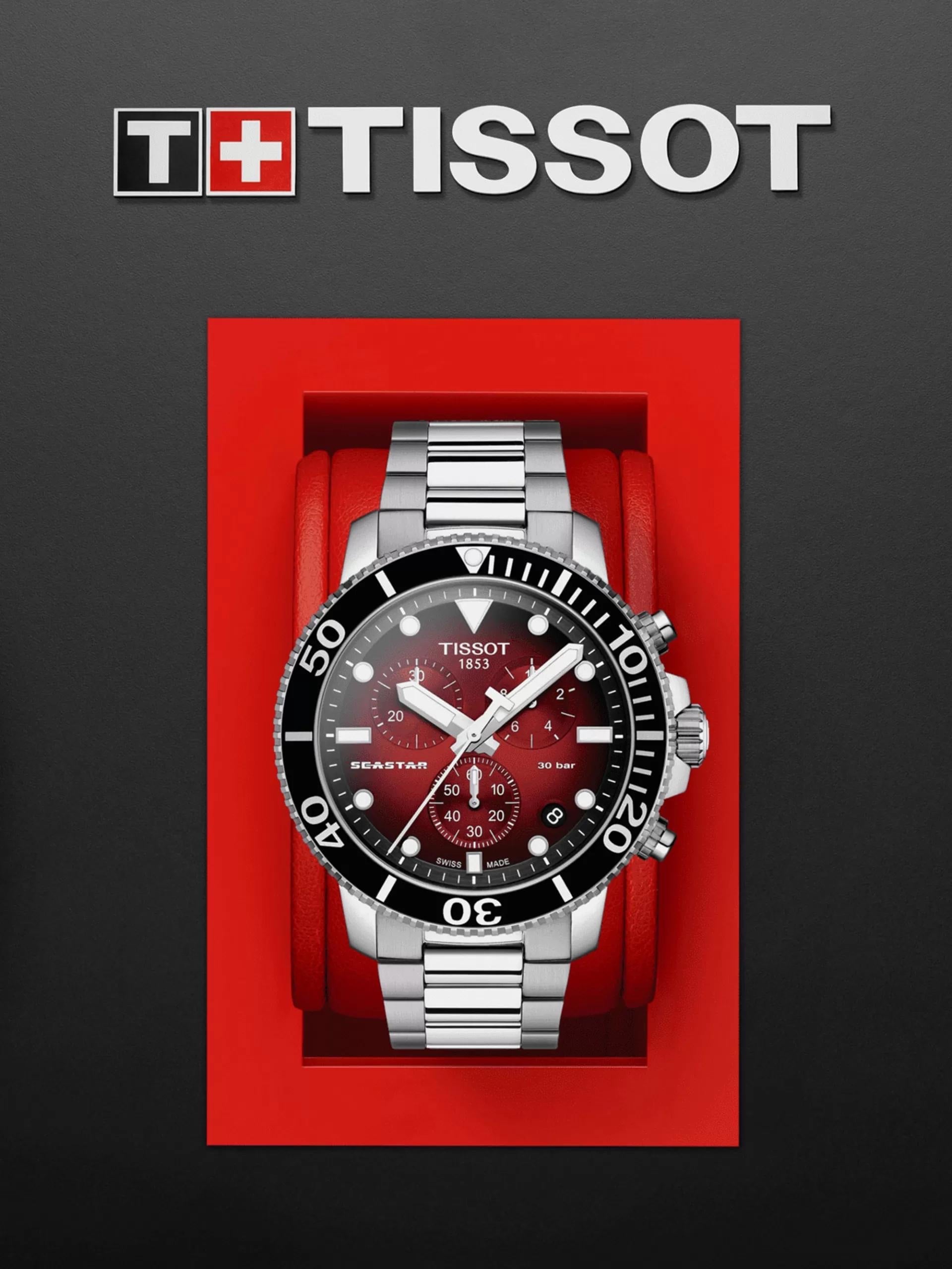 Tissot Seastar Chronograph Burgundy Dial Stainless Steel Chain Quartz Movement Men’s Watch