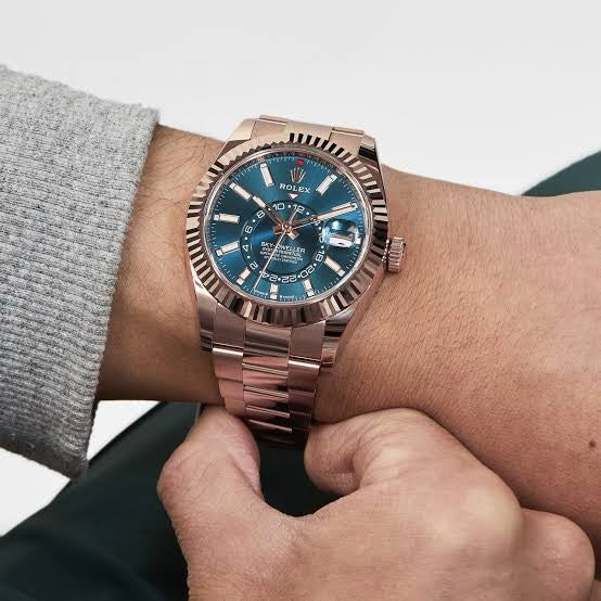 Rolex SkyDweller Rose Gold Blue Dial Oyster Chain Automatic Mens Watch