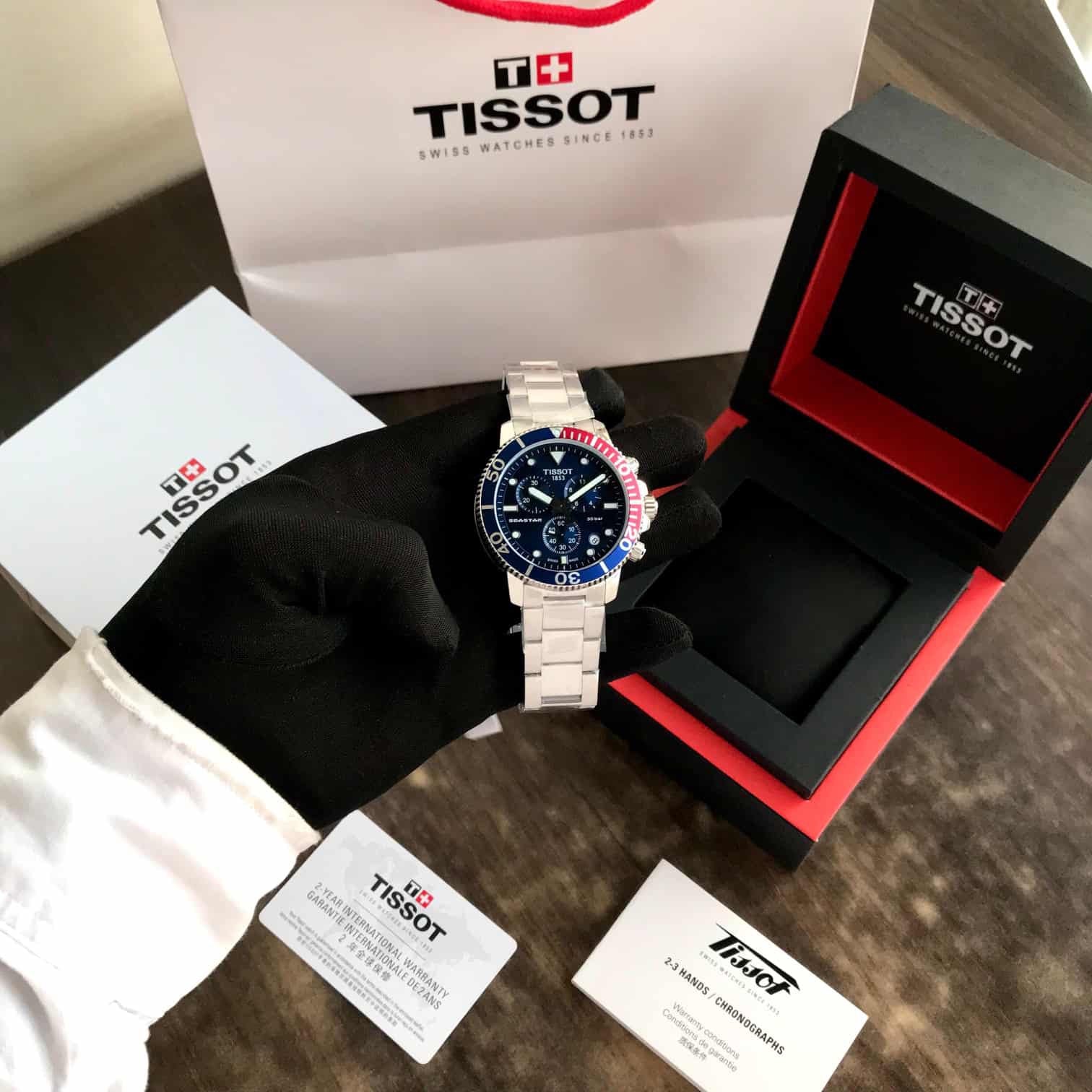Tissot Seastar Chronograph Blue Dial Red Bazel Stainless Steel Chain Quartz Movement Men’s Watch