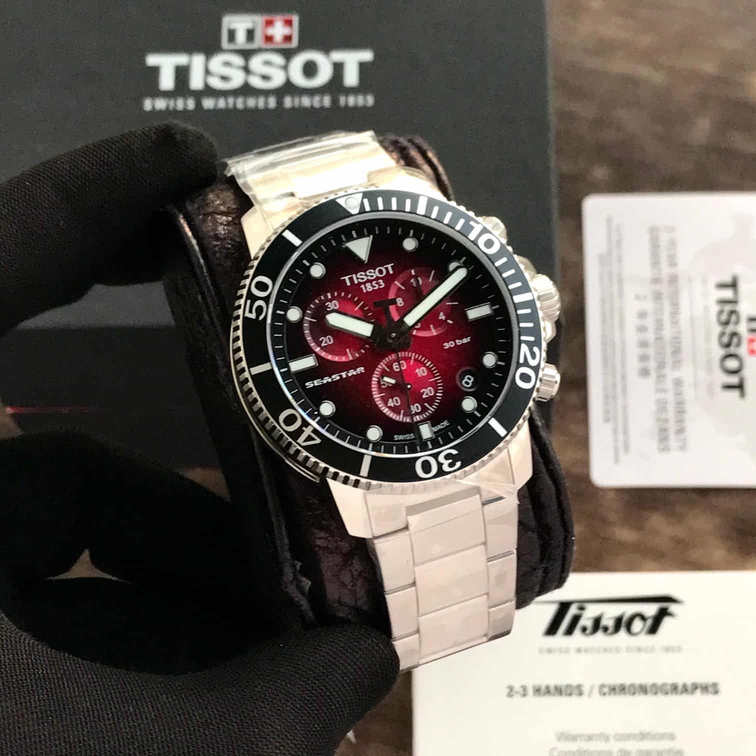 Tissot Seastar Chronograph Burgundy Dial Stainless Steel Chain Quartz Movement Men’s Watch