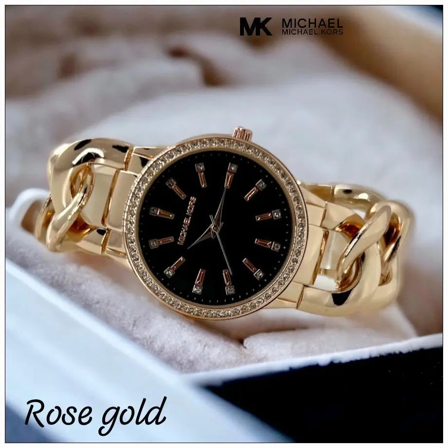 Mk Ladies Bracelet-Rose gold Black Dial-Round cash