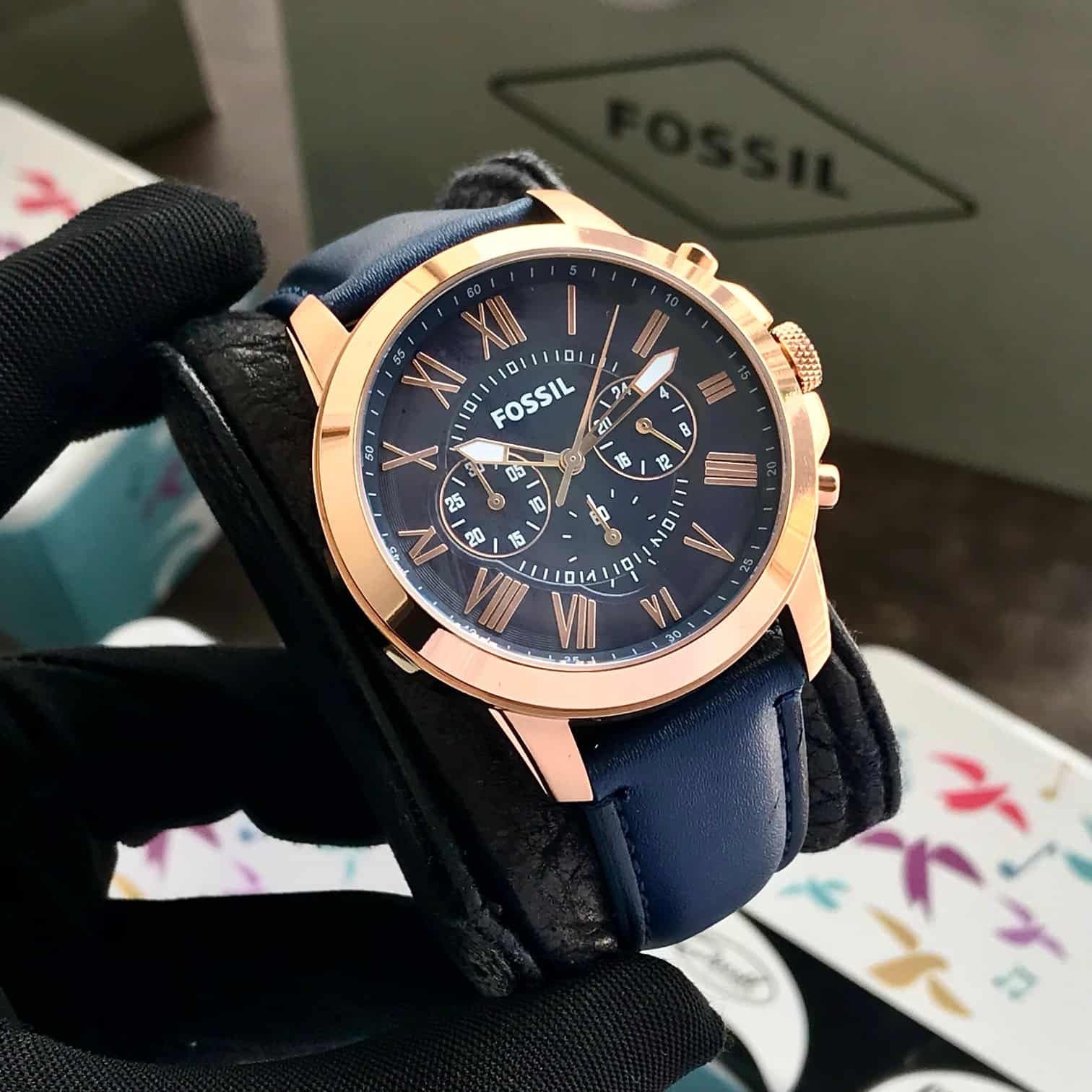 Fossil Grant Chronograph Rosegold Blue Mens Watch