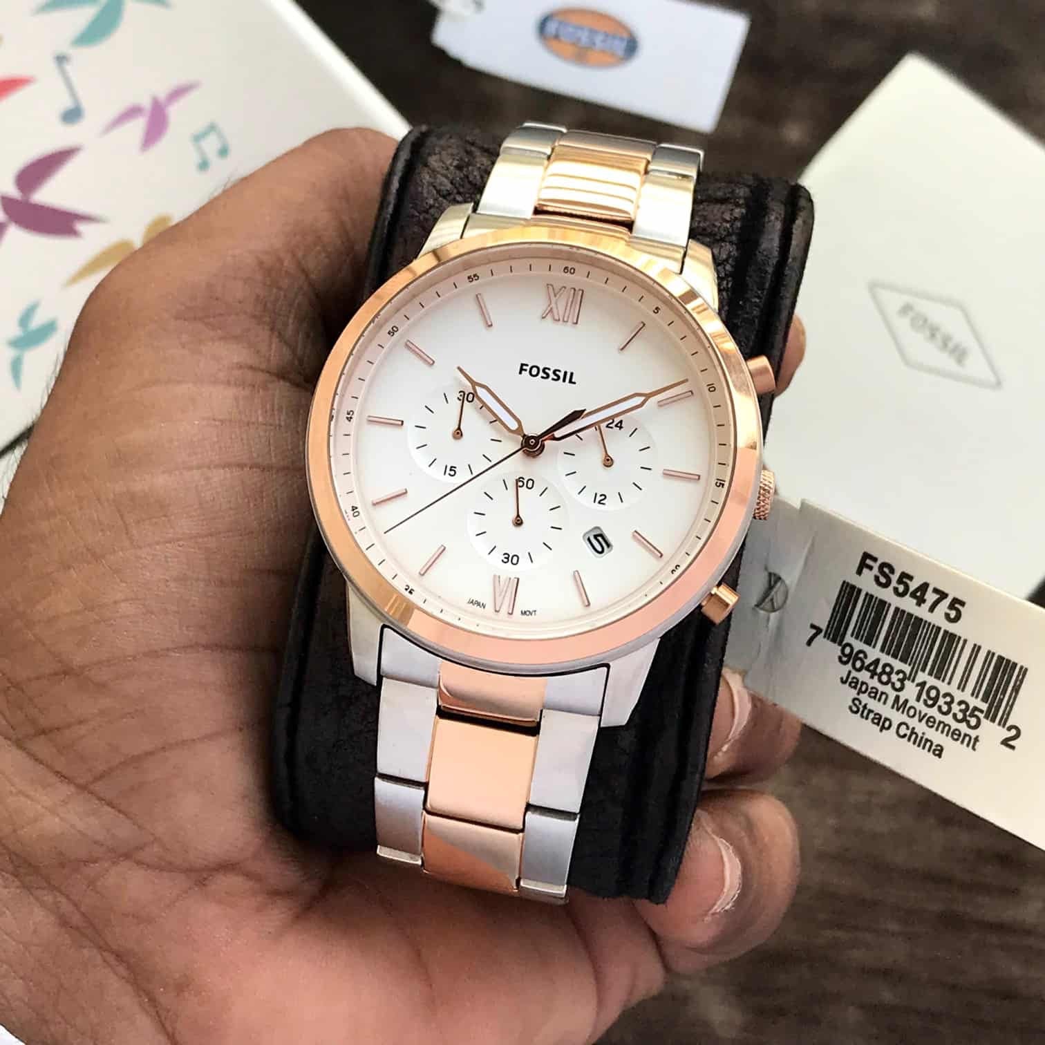 Fossil Two Tone White Dial Chronograph Mens Watch