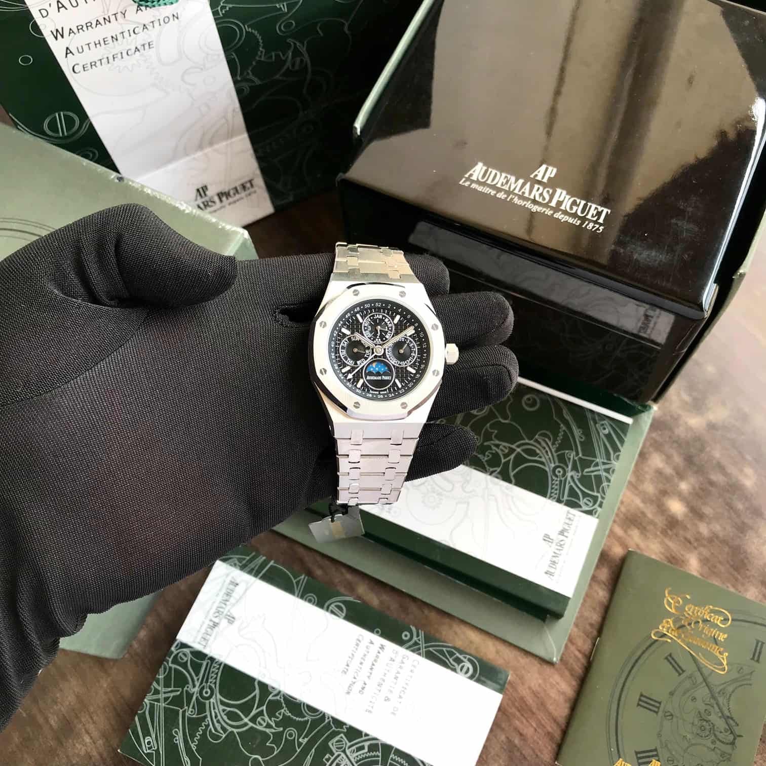 Audemars Piguet Perpetual Calendar Open Worked Silver Black Dial Automatic Mens Watch