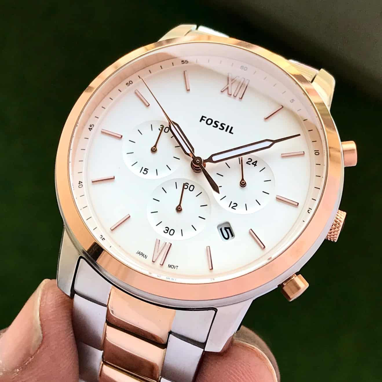 Fossil Two Tone White Dial Chronograph Mens Watch