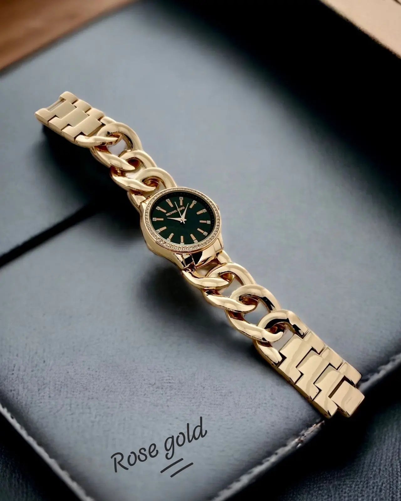 Mk Ladies Bracelet-Rose gold Black Dial-Round cash