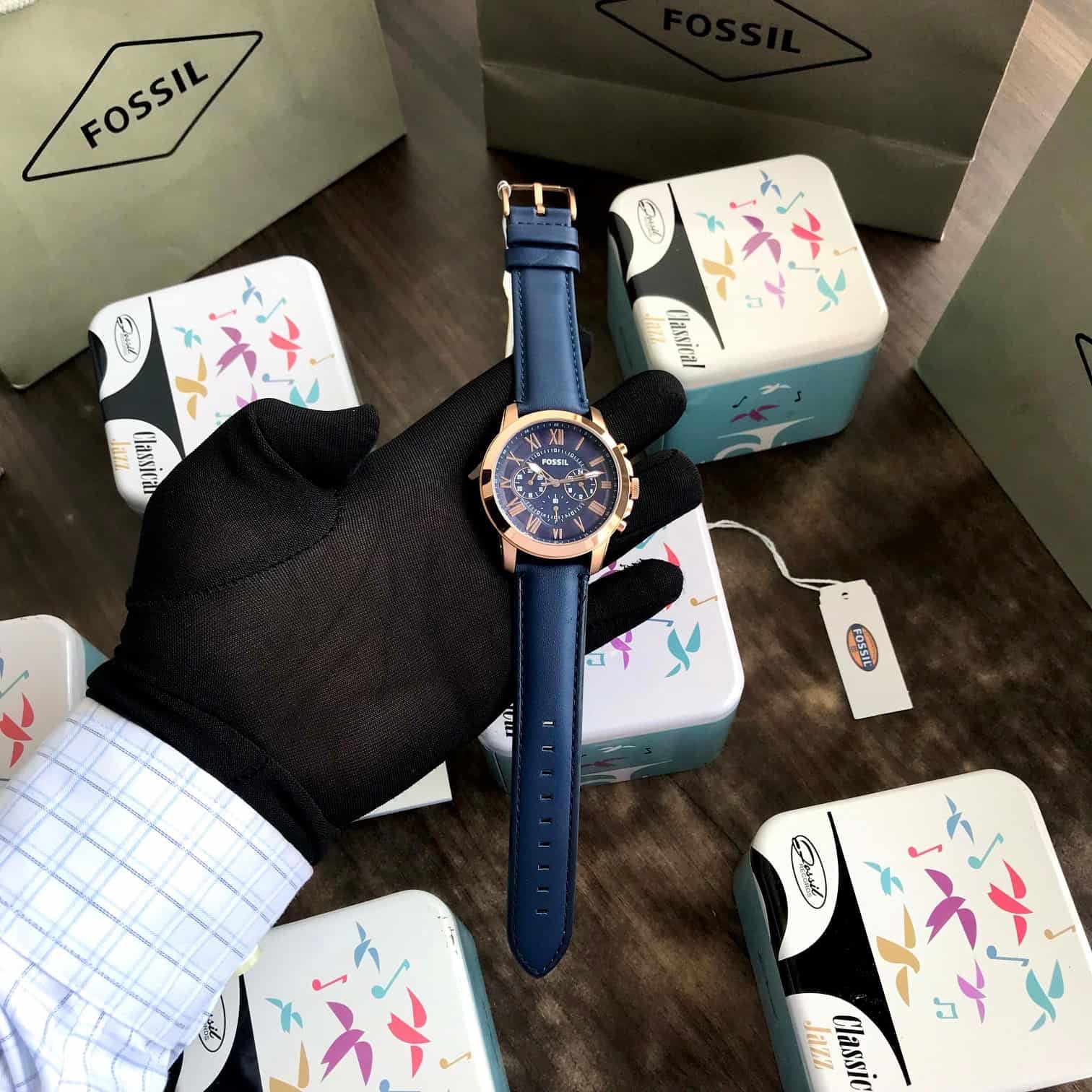 Fossil Grant Chronograph Rosegold Blue Mens Watch