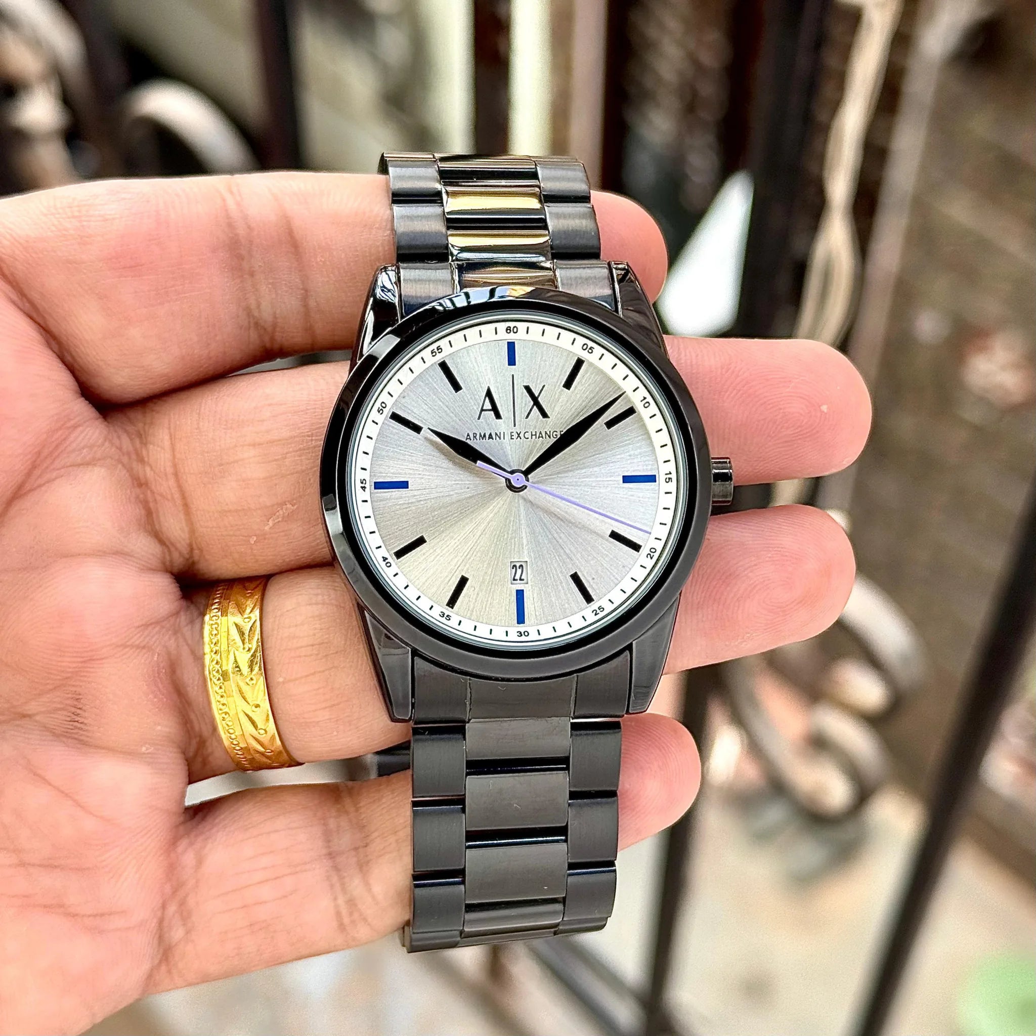 Armani Exchange AX2858 – Black Steel with Silver Sunburst Dial