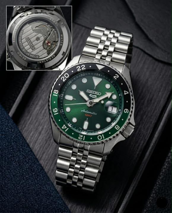 Seiko 5 Sports GMT Movement Like Back Open Quartz Machine Green Dail Date Working