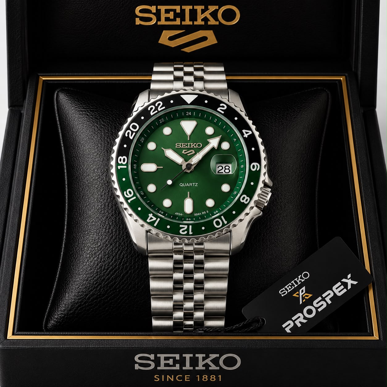 Seiko 5 Sports GMT Movement Like Back Open Quartz Machine Green Dail Date Working