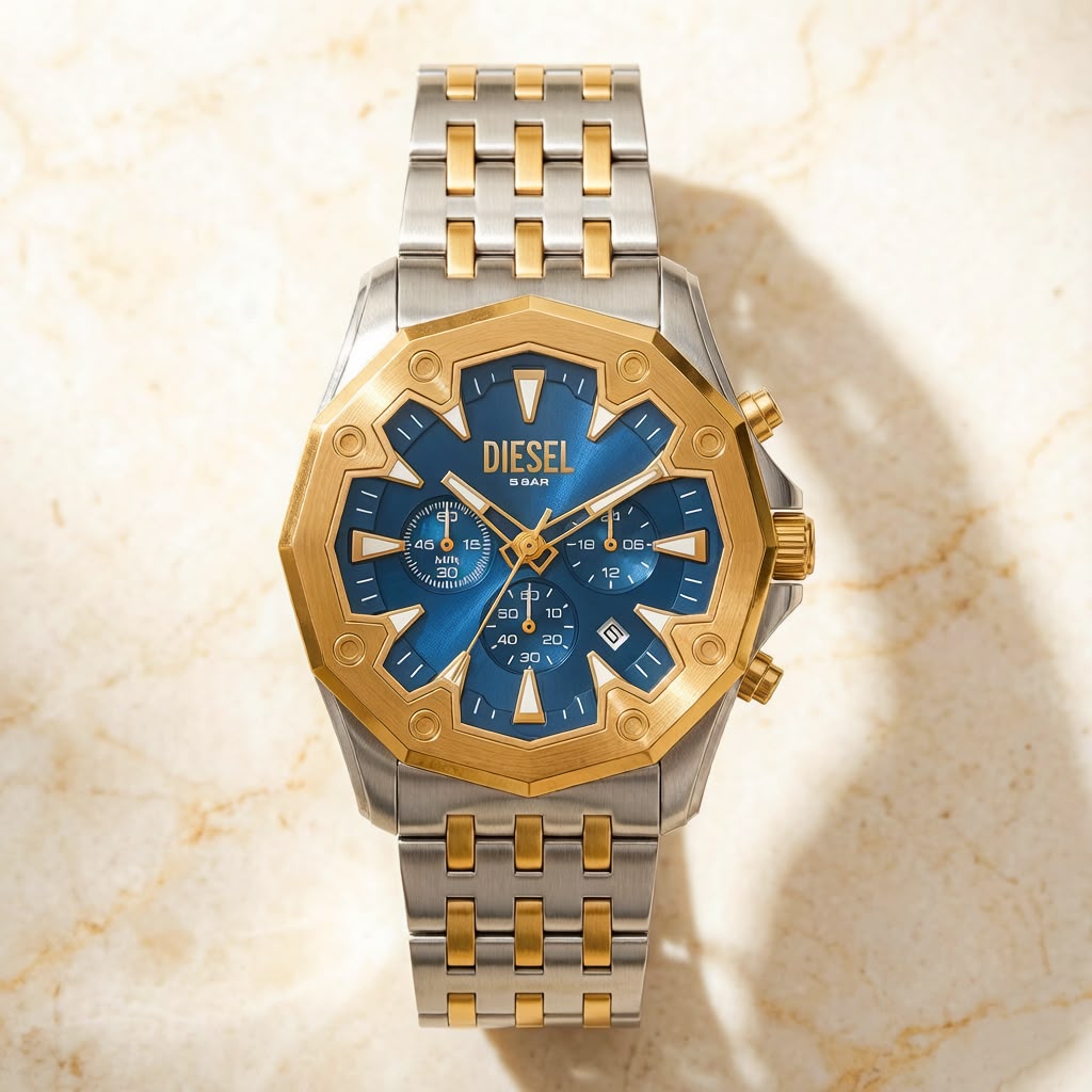 Diesel Griffed Two-Tone Stainless Steel Chronograph Watch – Blue Dial & Gold-Tone Bezel