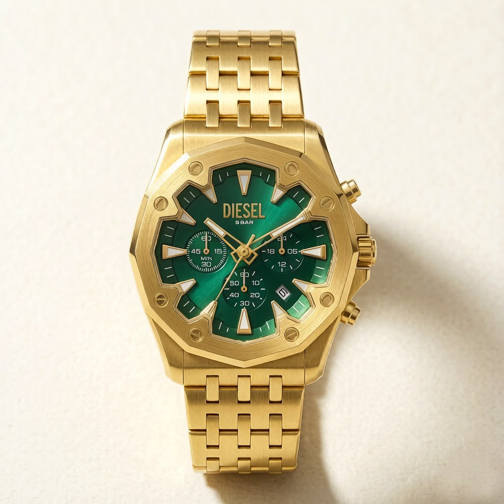 Diesel Griffed Gold-Tone Stainless Steel Chronograph Watch – Emerald Green Dial