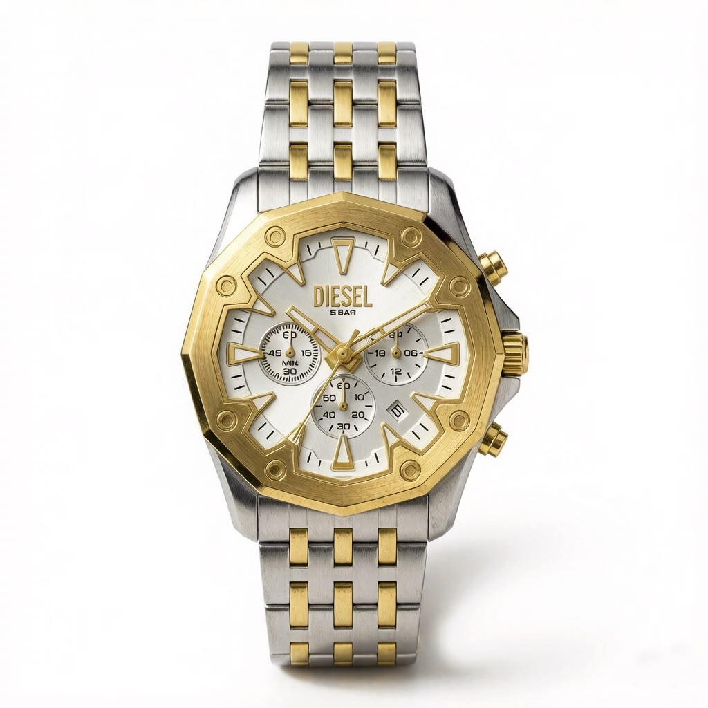 Diesel Griffed Two-Tone Stainless Steel Chronograph Watch – Crisp White Dial & Gold-Tone Bezel