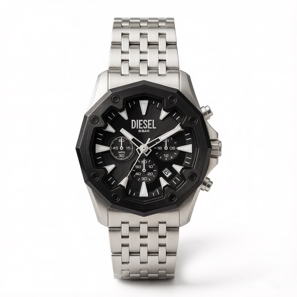 Diesel Griffed Stainless Steel Chronograph Watch – Matte Black Bezel & Dial