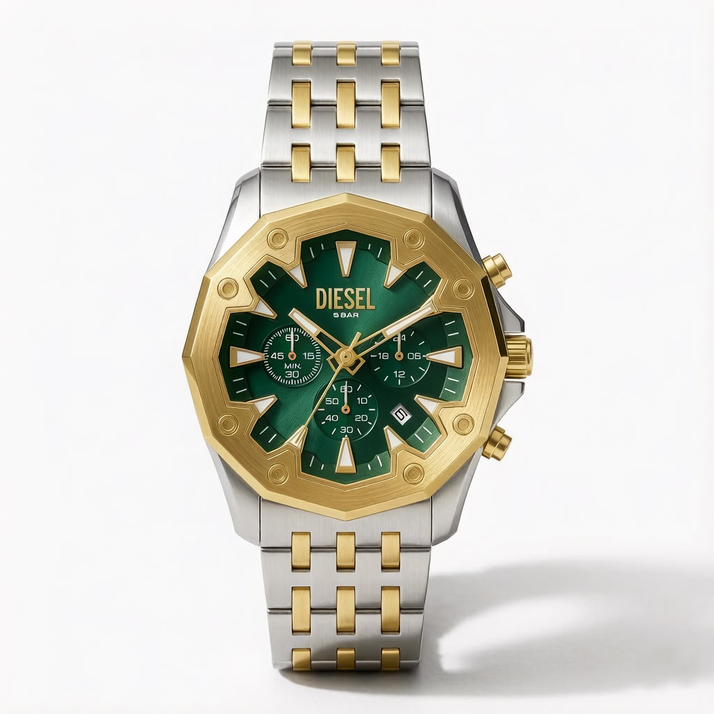 Diesel Griffed Two-Tone Stainless Steel Chronograph Watch – Emerald Green Dial & Gold-Tone Bezel