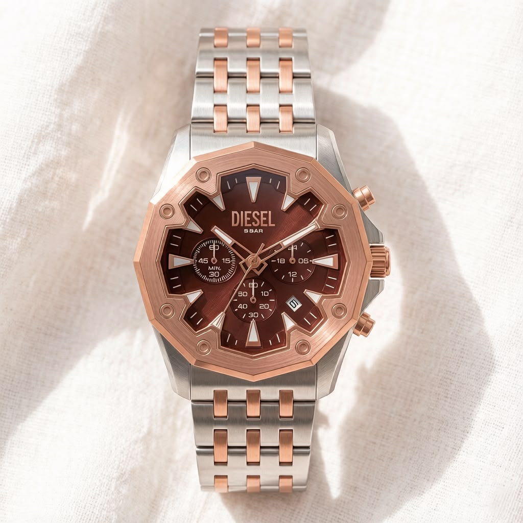 Diesel Griffed Two-Tone Stainless Steel Chronograph Watch – Chocolate Brown Dial & Rose Gold-Tone Bezel