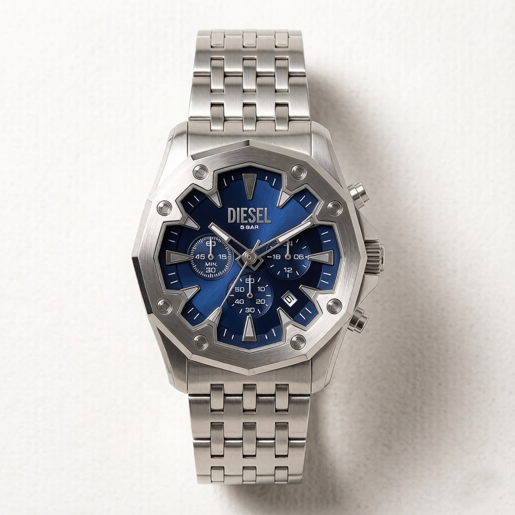Diesel Griffed Stainless Steel Chronograph Watch – Sunray Blue Dial & Brushed Silver-Tone Bezel