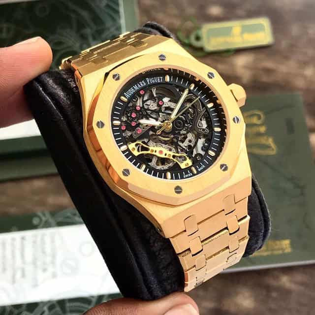 Audemars Piguet Royal Oak Double Balance Wheel Open worked Full Gold Skeleton Dial Automatic Mens Watch