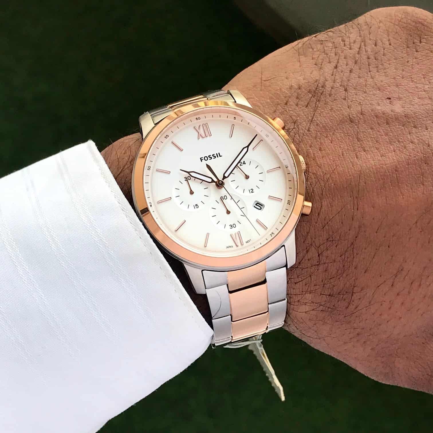 Fossil Two Tone White Dial Chronograph Mens Watch