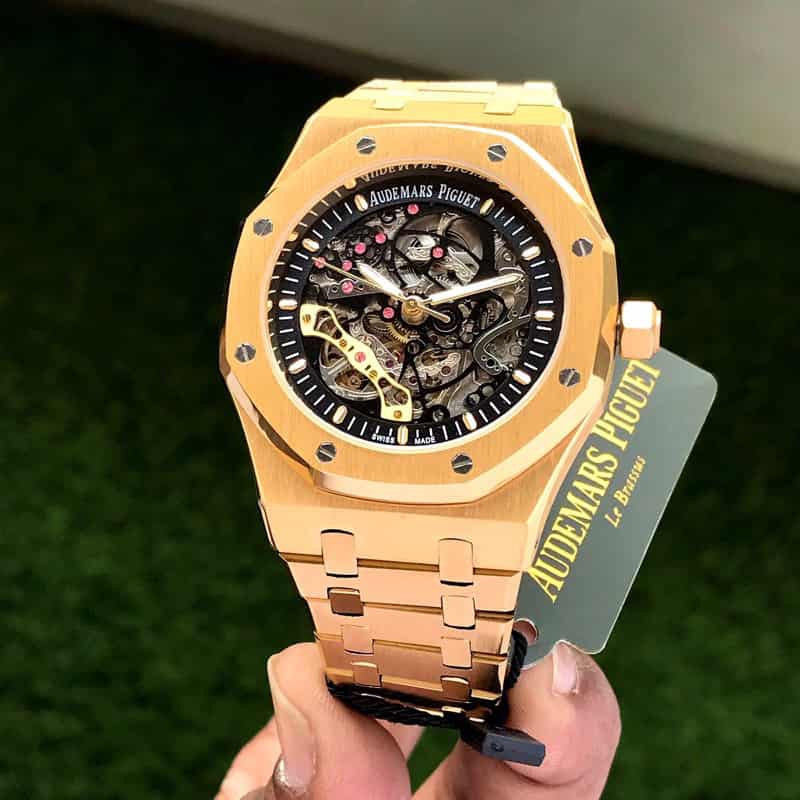 Audemars Piguet Royal Oak Double Balance Wheel Open worked Full Gold Skeleton Dial Automatic Mens Watch
