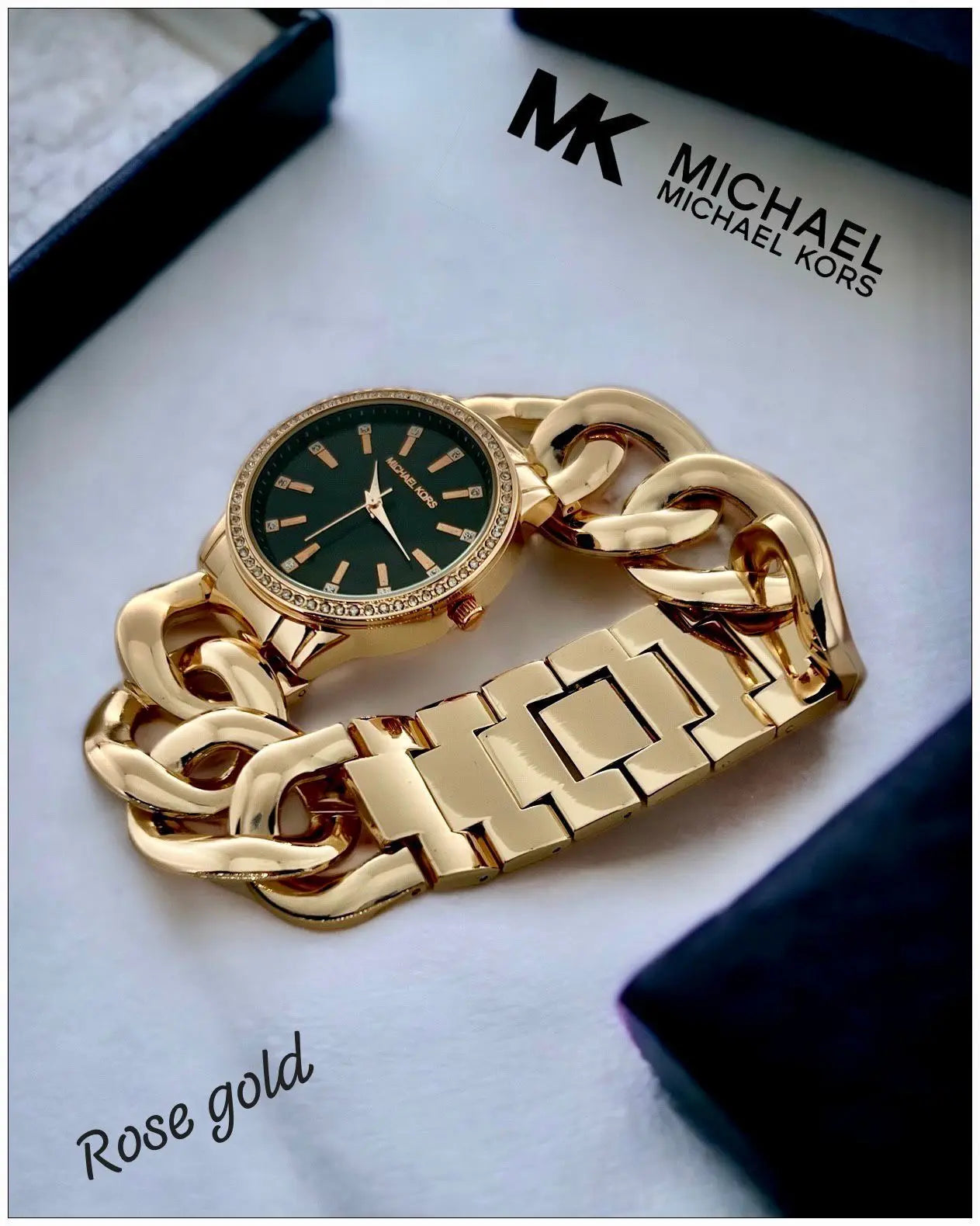 Mk Ladies Bracelet-Rose gold Black Dial-Round cash