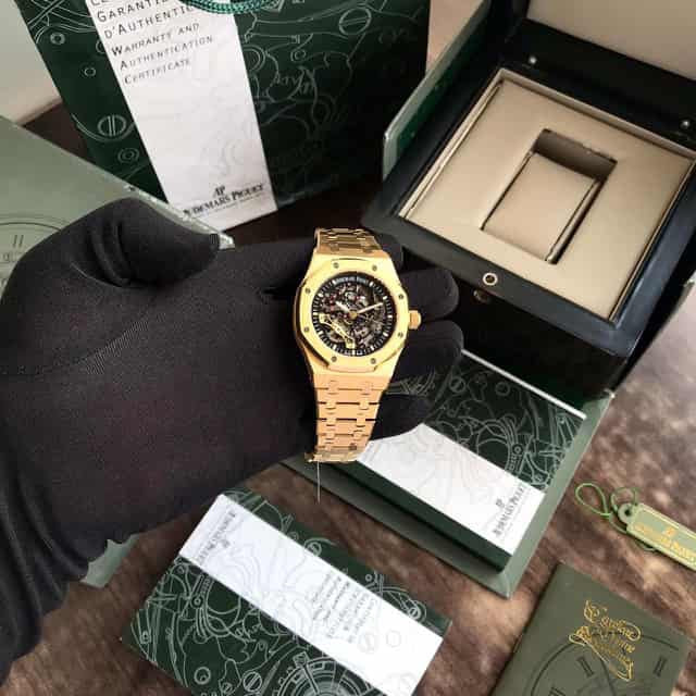 Audemars Piguet Royal Oak Double Balance Wheel Open worked Full Gold Skeleton Dial Automatic Mens Watch