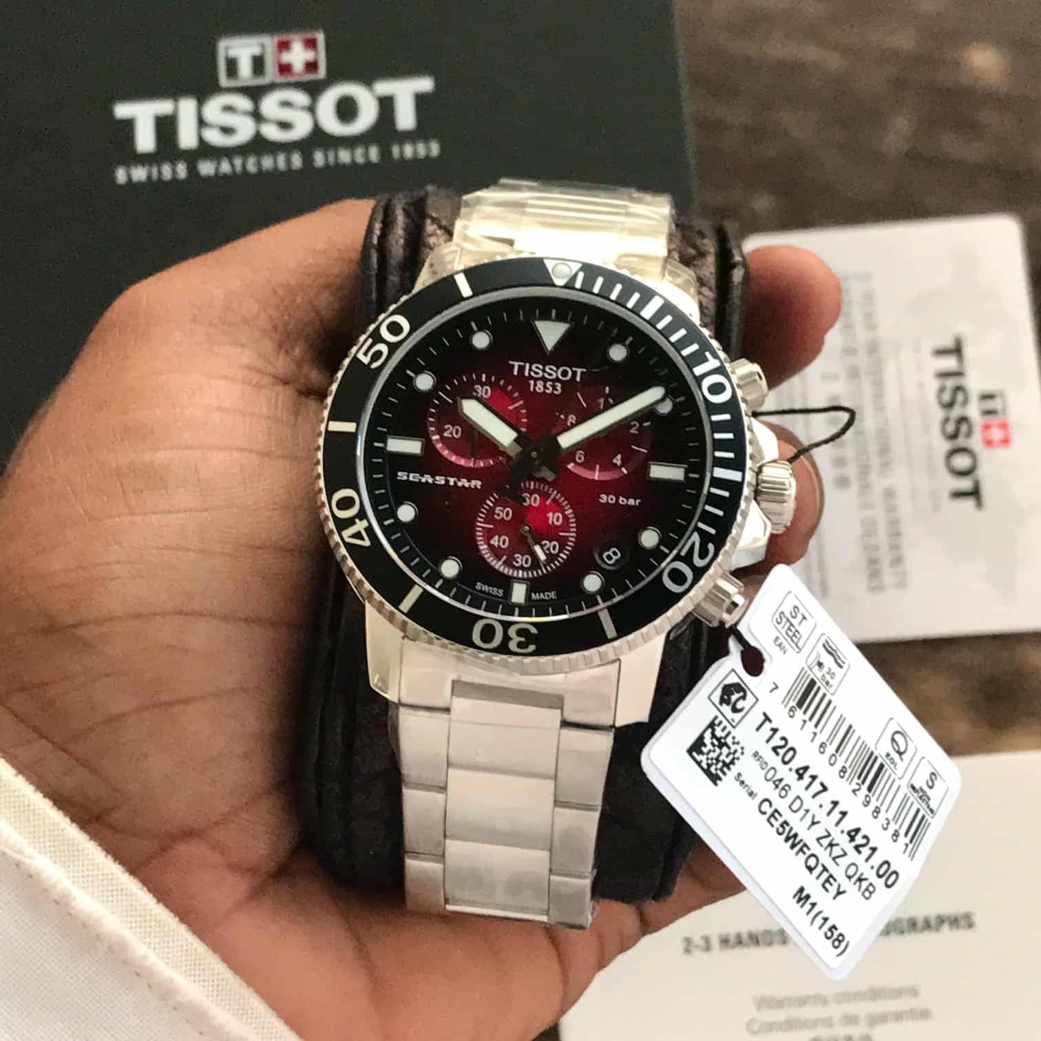 Tissot Seastar Chronograph Burgundy Dial Stainless Steel Chain Quartz Movement Men’s Watch