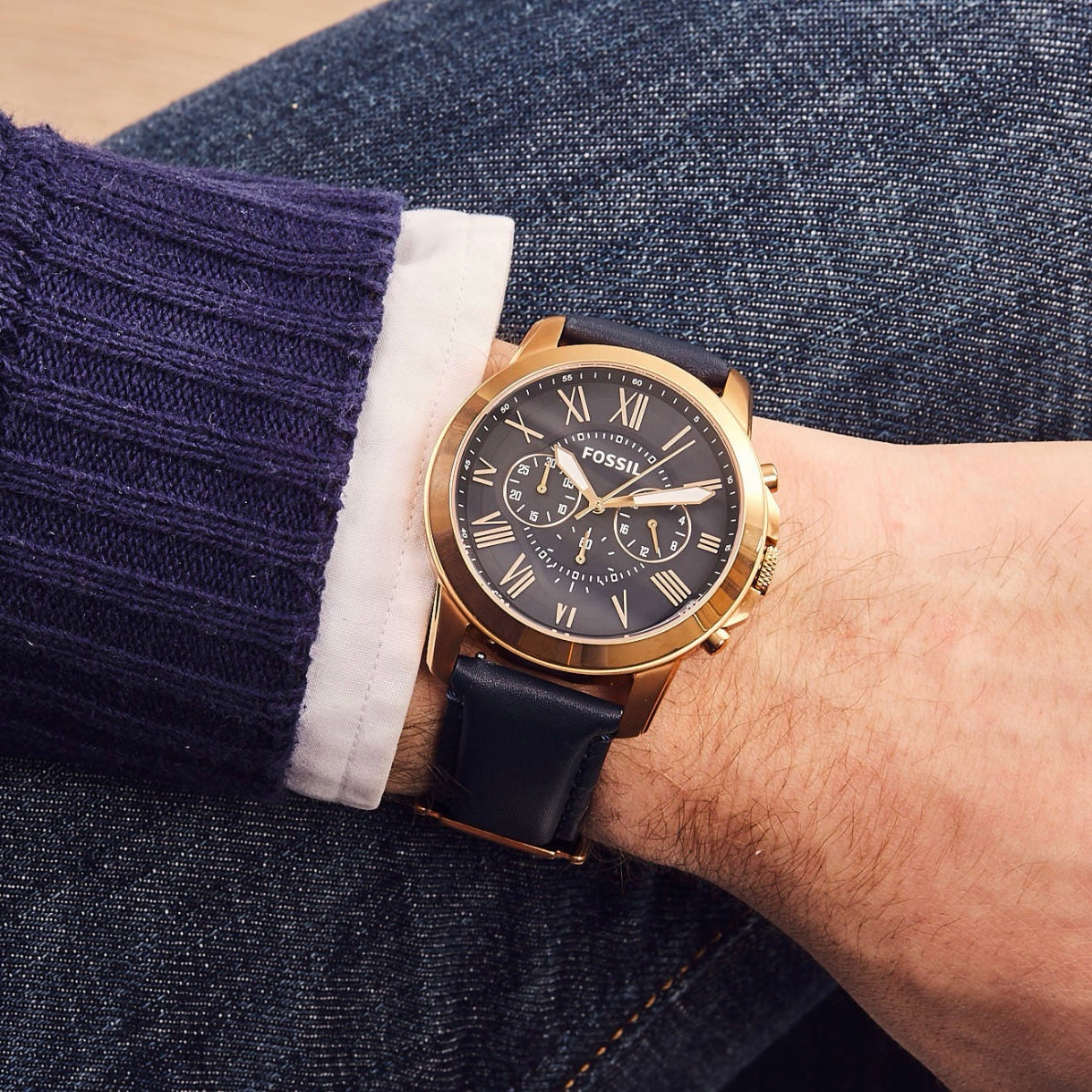 Fossil Grant Chronograph Rosegold Blue Mens Watch
