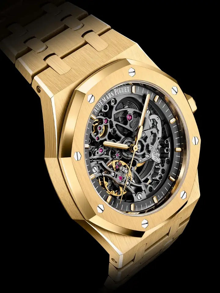 Audemars Piguet Royal Oak Double Balance Wheel Open worked Full Gold Skeleton Dial Automatic Mens Watch