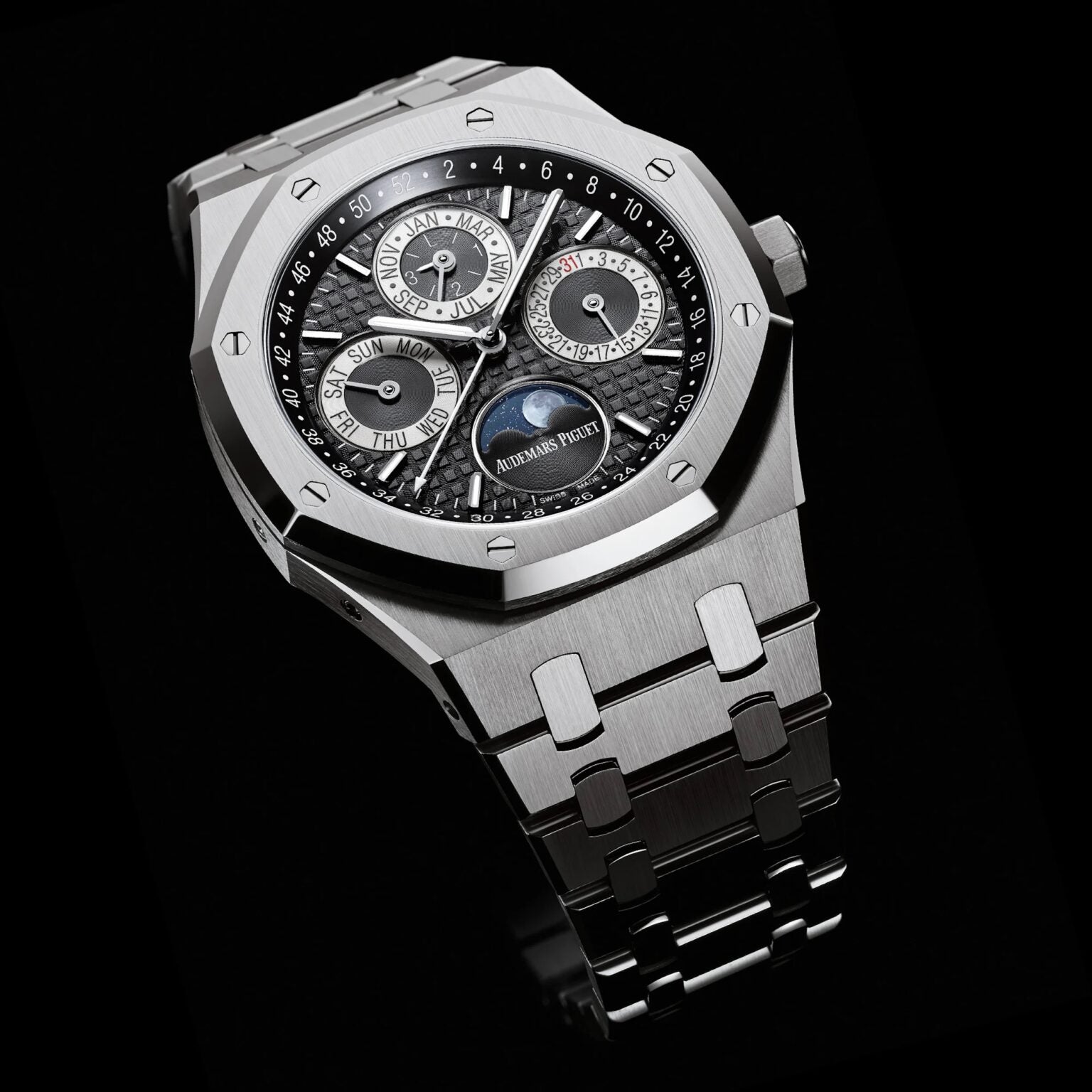 Audemars Piguet Perpetual Calendar Open Worked Silver Black Dial Automatic Mens Watch