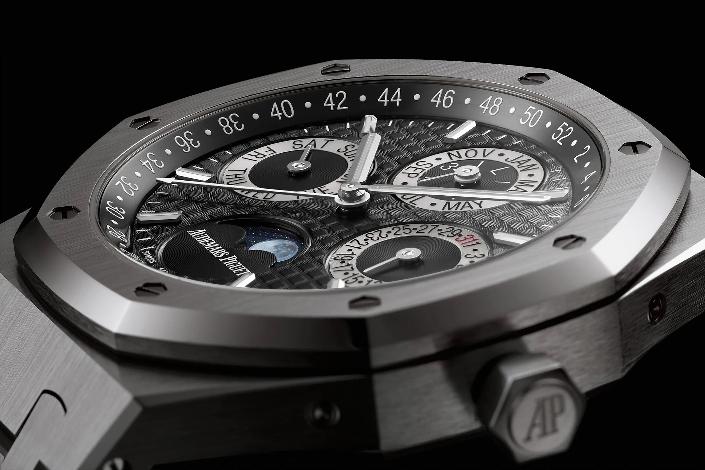 Audemars Piguet Perpetual Calendar Open Worked Silver Black Dial Automatic Mens Watch
